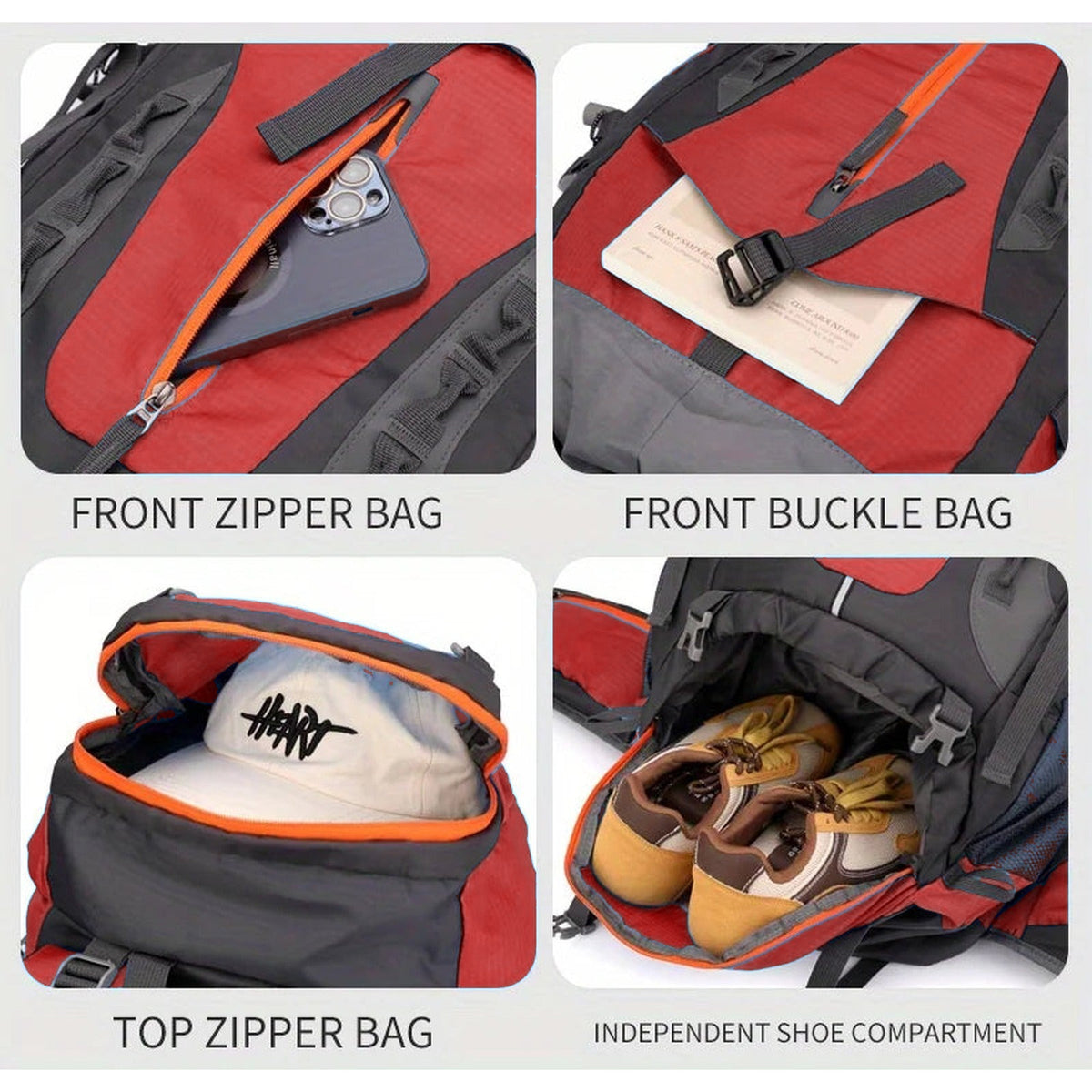 70L Hiking Backpack with Hip Belt and Shoe Compartment - front, lid and shoe compartment pockets