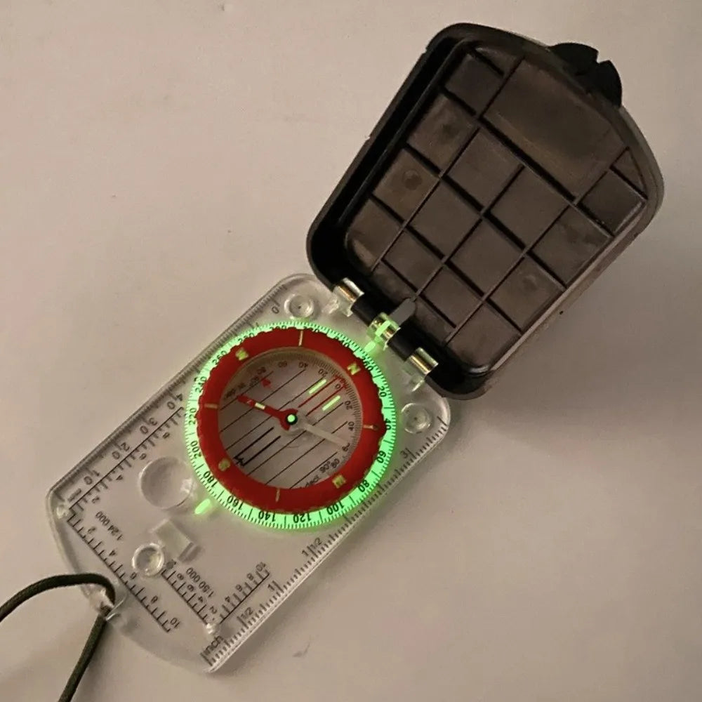 Deluxe Orienteering Compass - glowing dial with lid open