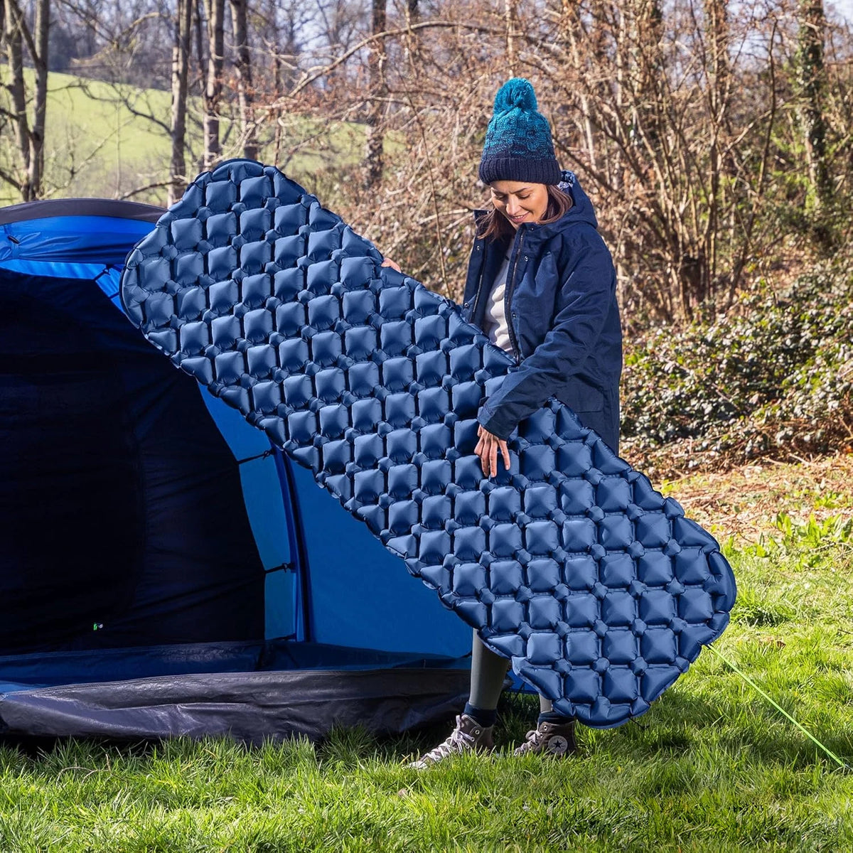INFLATE-A-MAT Inflatable Sleeping Mat - set up at camp