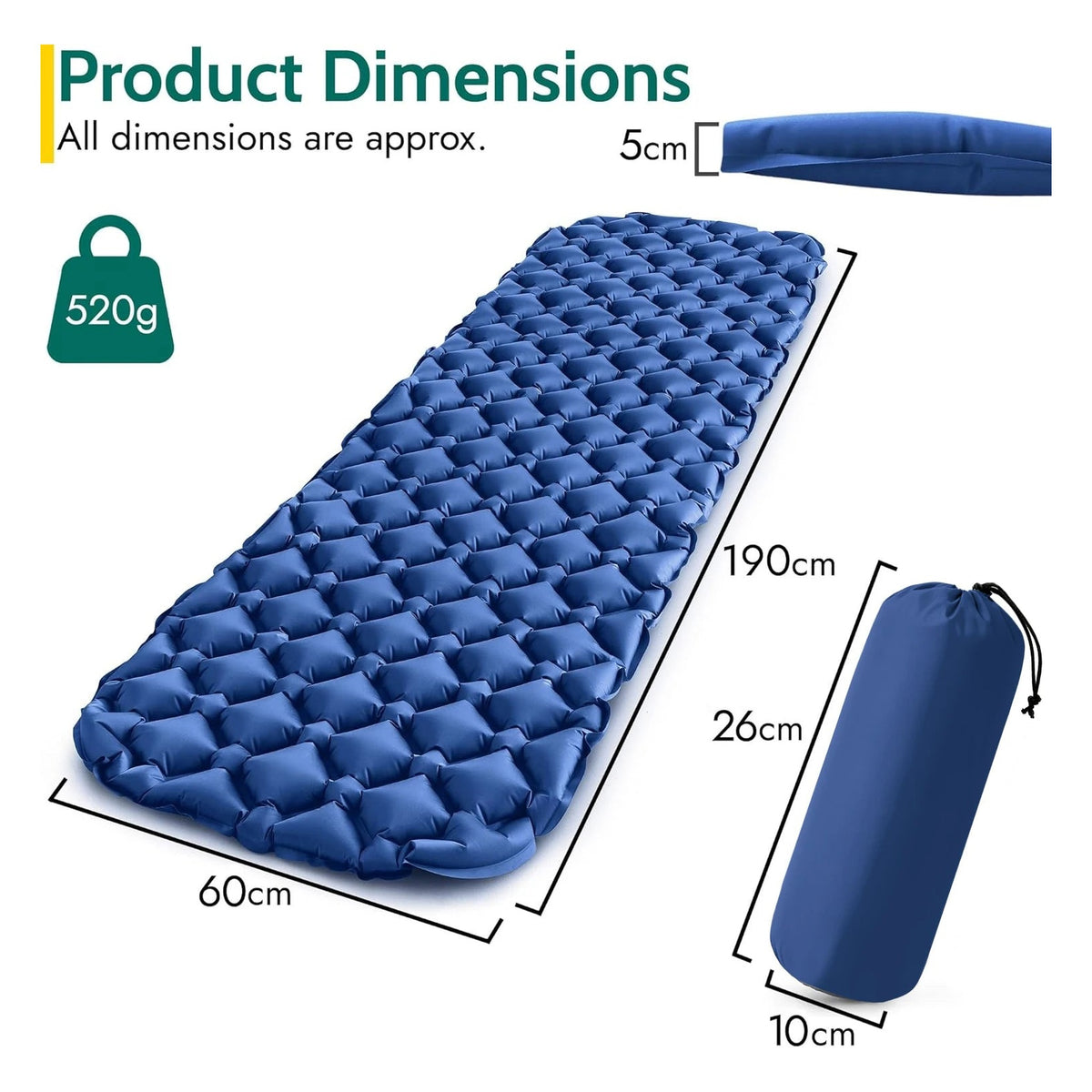 INFLATE-A-MAT Inflatable Sleeping Mat - dimensions