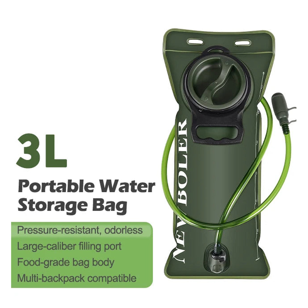 Hydration Water Reservoir 1.5 / 2.0 / 3.0 Liter Leak-proof - Army Green, 3L