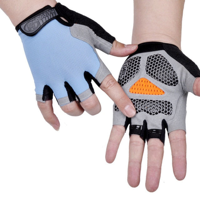 Half Finger Cycling Gloves - gel padded palm, light blue