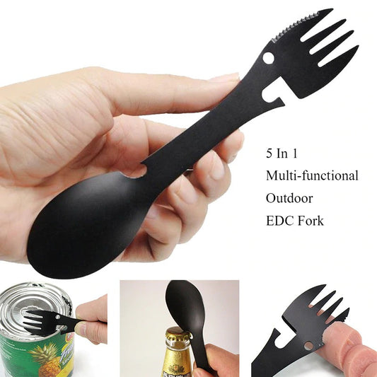 5-in-1 Fork, Knife and Spoon Multi-Tool - black, in hand