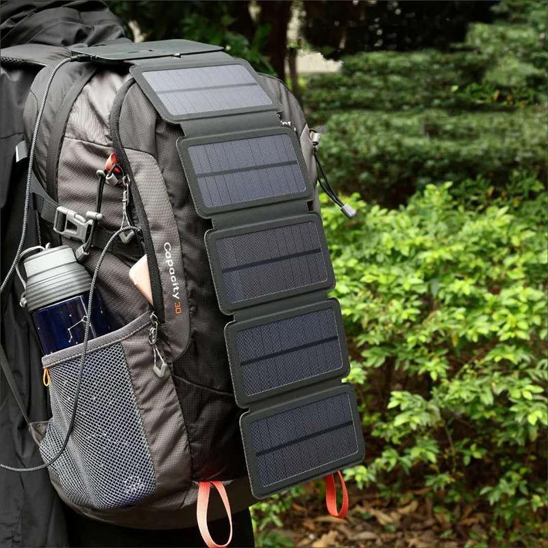 SolarPwr Folding 10W Solar Charger - five panels on a backpack