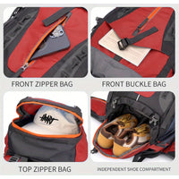 70L Hiking Backpack with Hip Belt and Shoe Compartment - front, lid and shoe compartment pockets