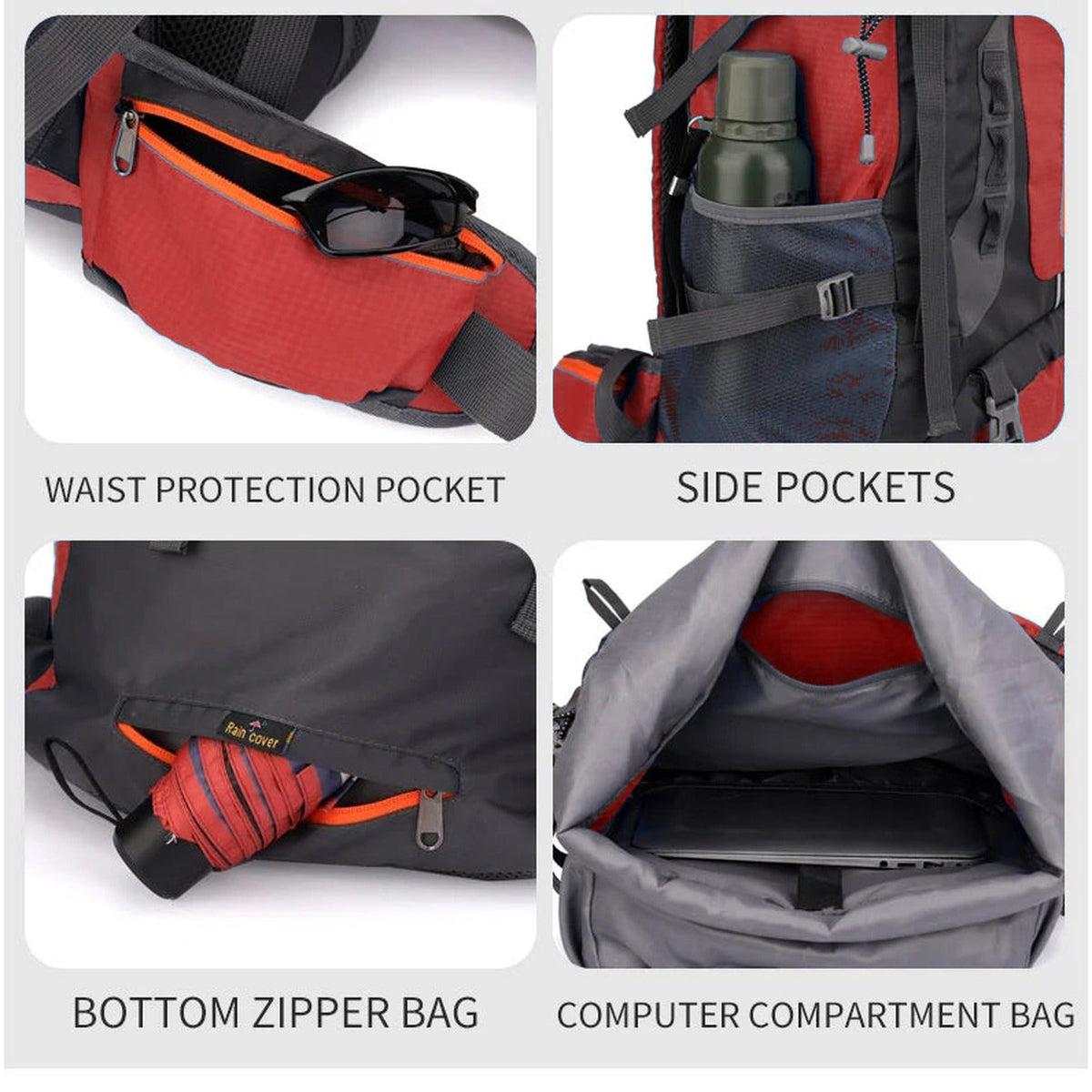 70L Hiking Backpack with Hip Belt and Shoe Compartment - hip belt and side pockets