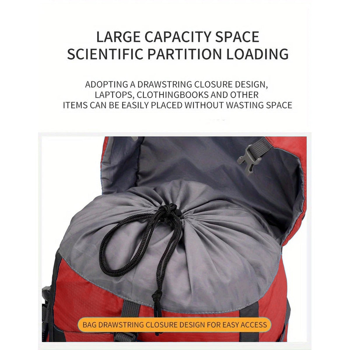 70L Hiking Backpack with Hip Belt and Shoe Compartment - drawstring main compartment