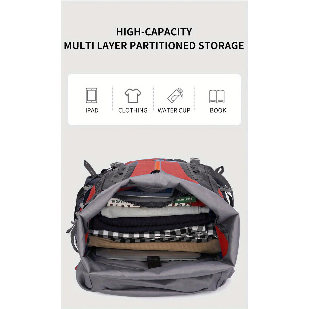 70L Hiking Backpack with Hip Belt and Shoe Compartment - storage layout