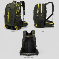 Backpack 40L Water-Resistant - front, side and back views