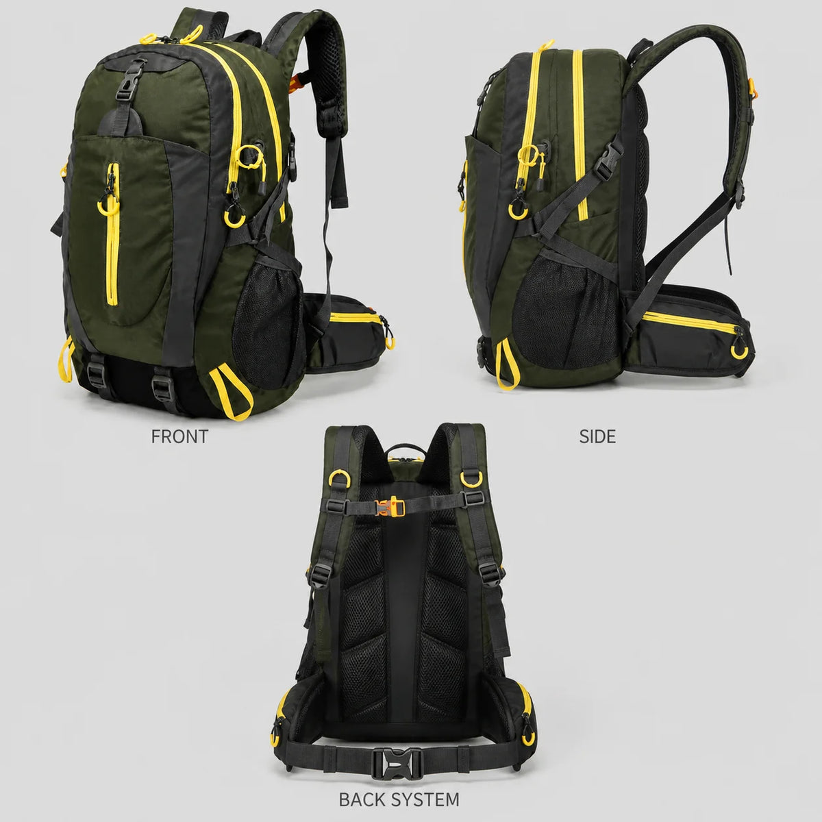 Backpack 40L Water-Resistant - front, side and back views