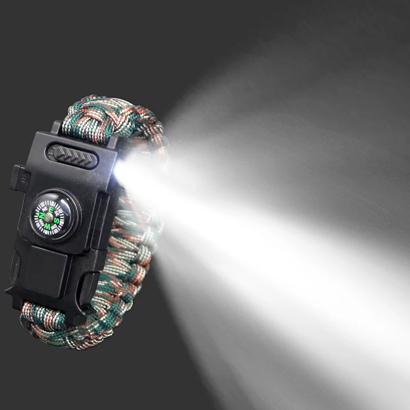 Multifunctional Paracord Multi-tool Bracelet - Mixed Camo with LED light on