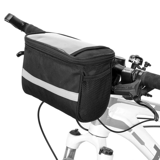 Bicycle Handlebar Bag with Touch Screen Pocket - Black, mounted on a handlebar