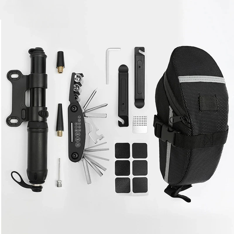 Bicycle Tool Kit - saddle bag, mini pump, multi-tool, tire levers and patches