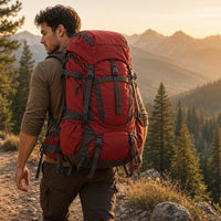 Hiker on a mountain trail wearing the red 70L hiking backpack
