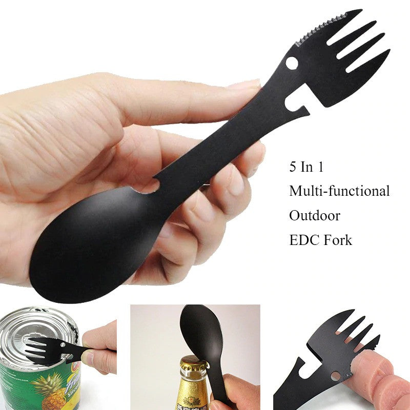 5-in-1 Fork, Knife and Spoon Multi-Tool - black, in hand